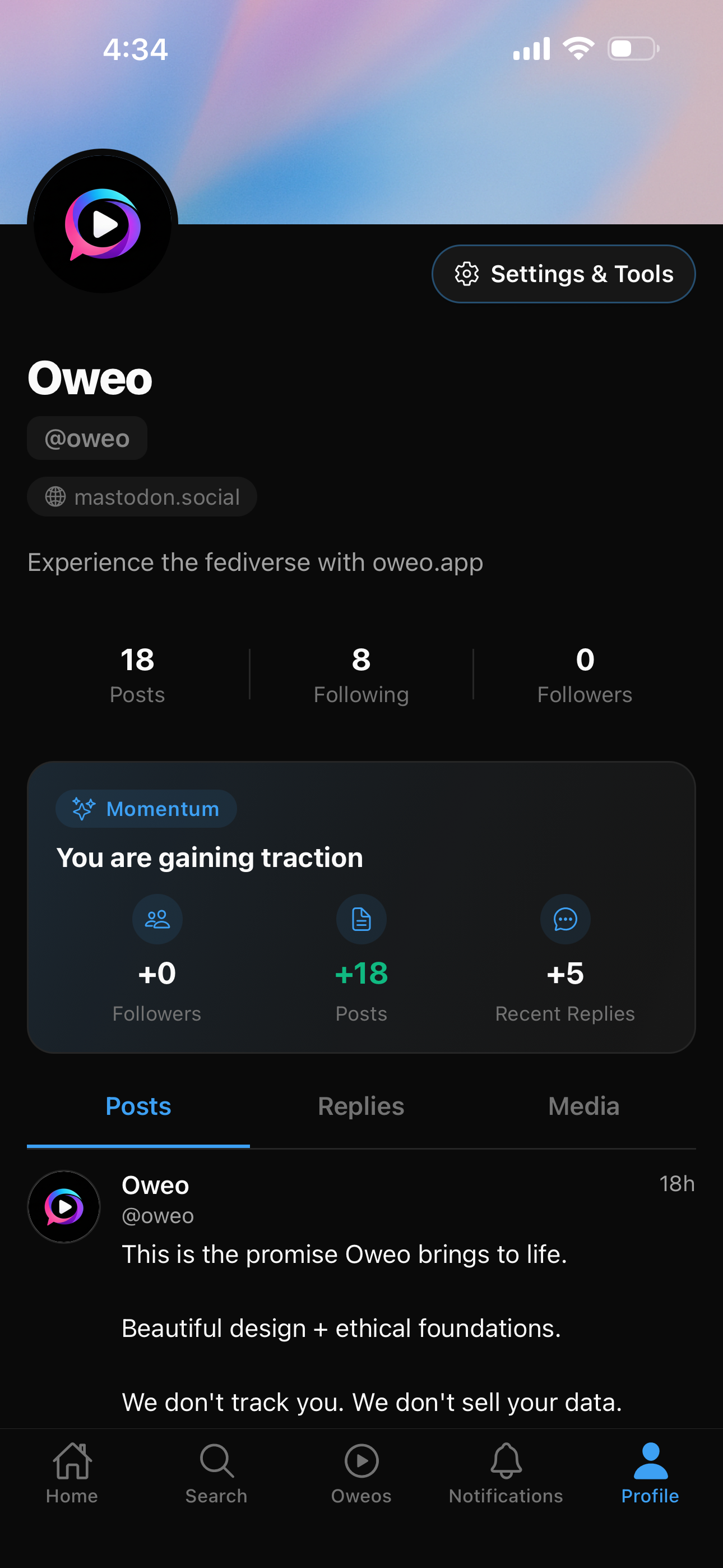 Oweo dark profile screen