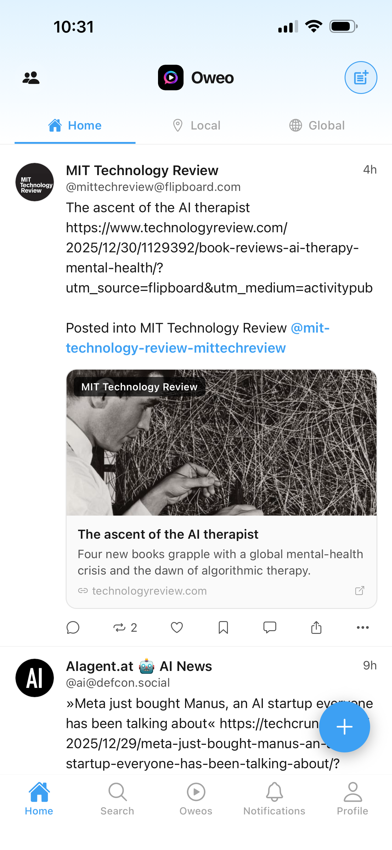 Oweo timeline view showing posts in chronological order